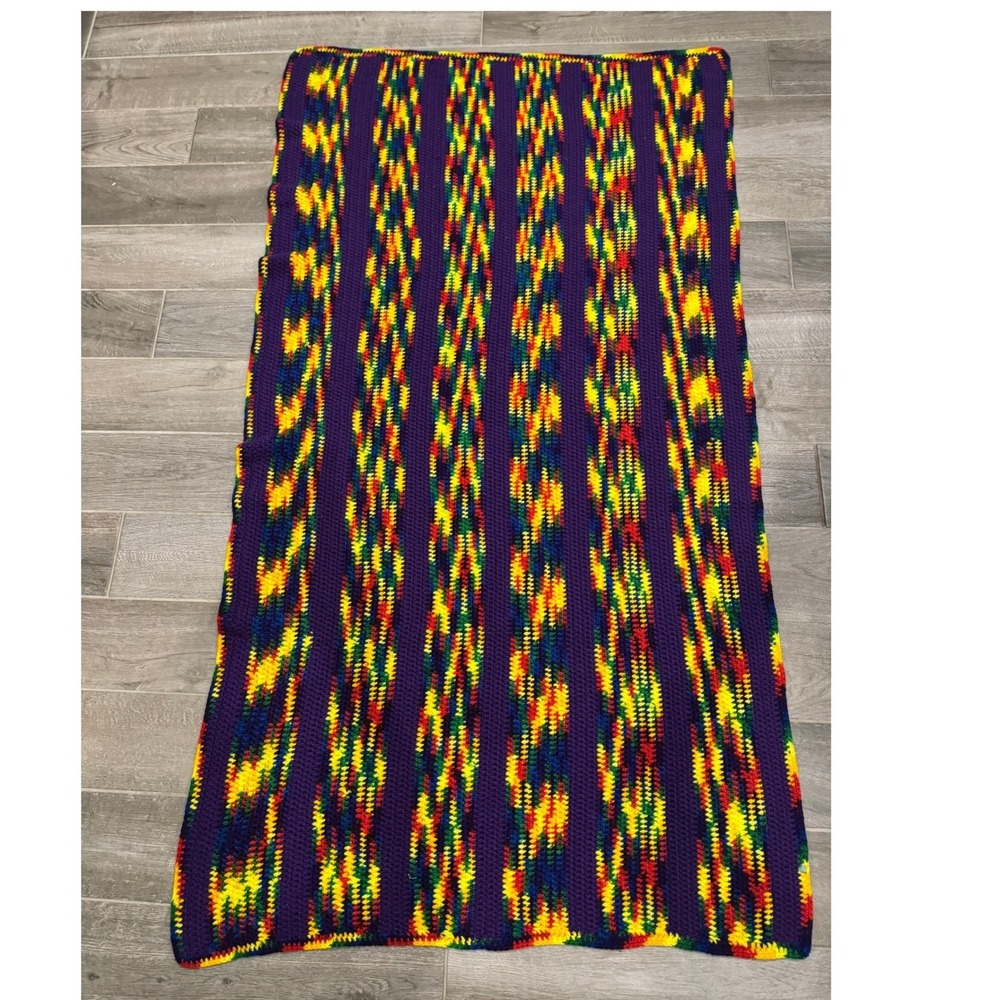 Handmade Crochet Afghan Blanket Large Purple Multi Color Retro Striped Cozy Boho